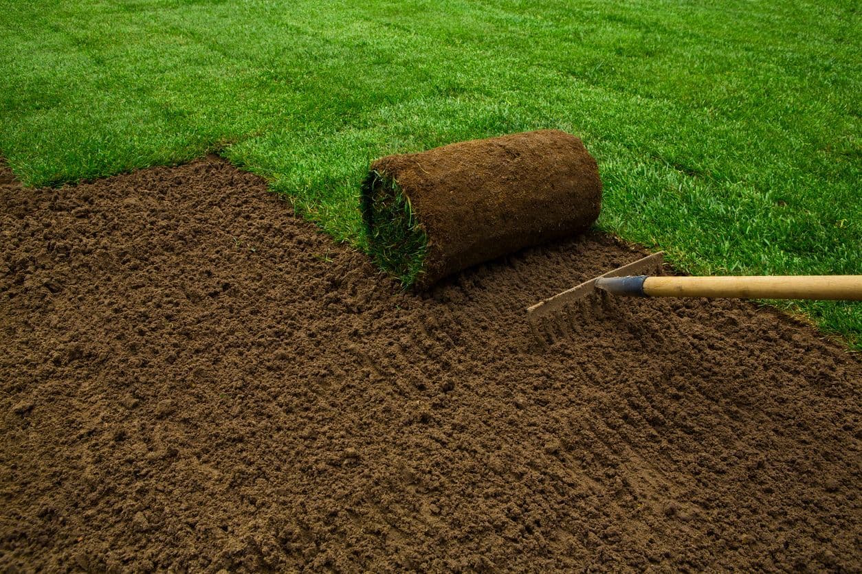 Ground being prepared and levelled ahead of sod installation
