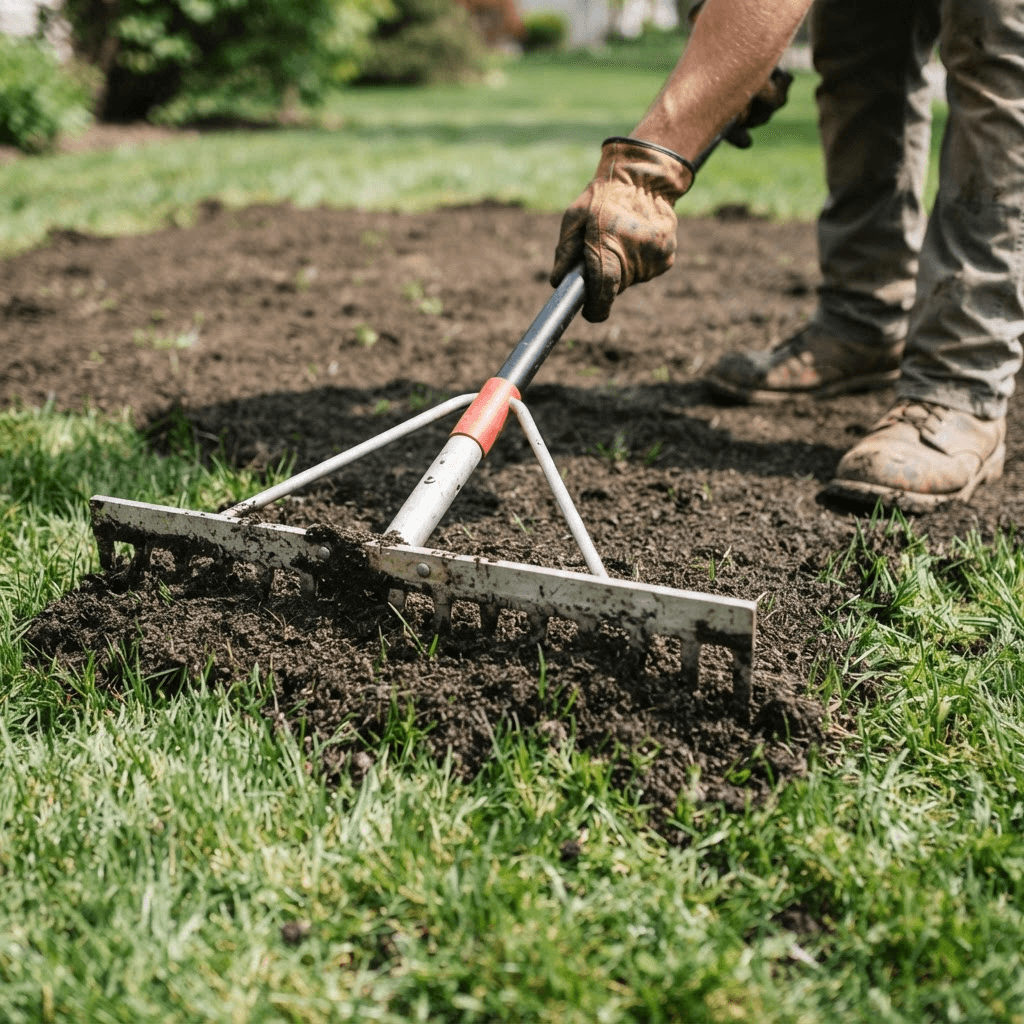 A landscaper spreading a thin layer of dark screened topsoil across existing green grass with a wide leveling rake
